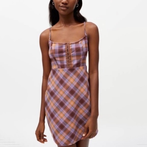 NEW Urban Outfitters Keya Purple Orange Plaid Sleeveless Mini Dress - Picture 4 of 8